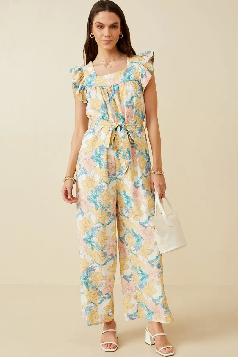 Romantic Floral Ruffle Detail Wideleg Jumpsuit A-Line Quiet Sweet