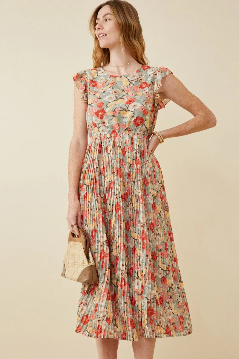 Floral Pleated Skirt Ruffle Tank Dress Sage Glow