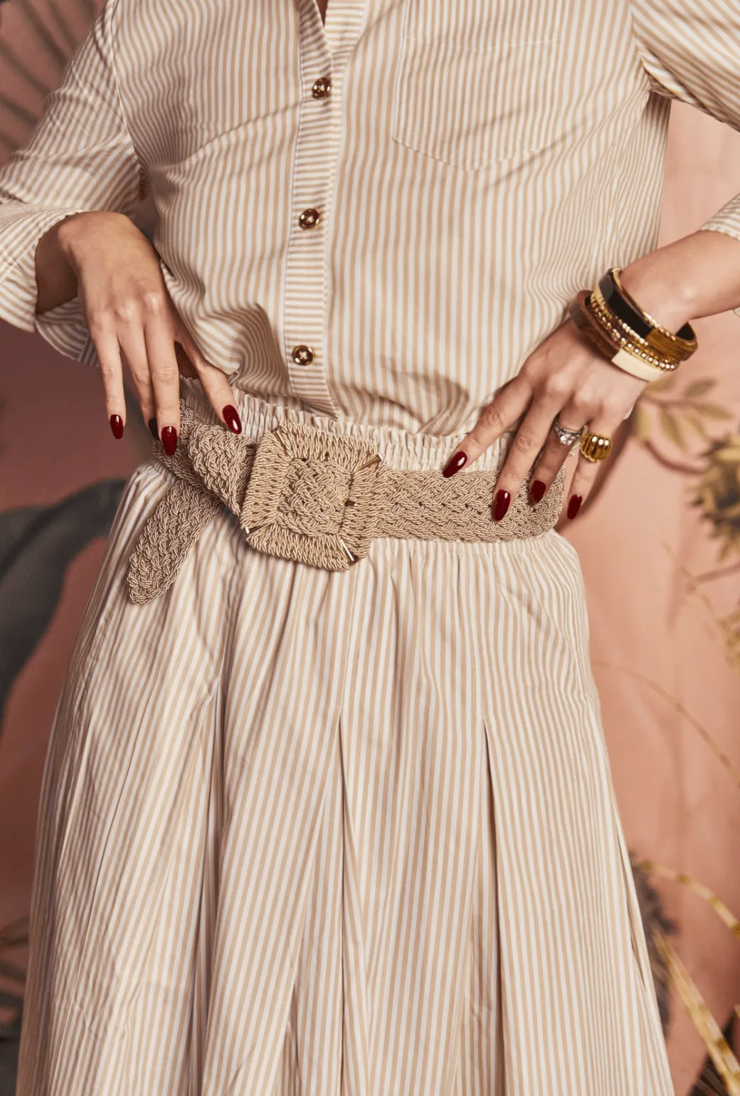 Dark wash SAMPLE - Smocked Waist MIDI Skirt - Oatmeal Stripe