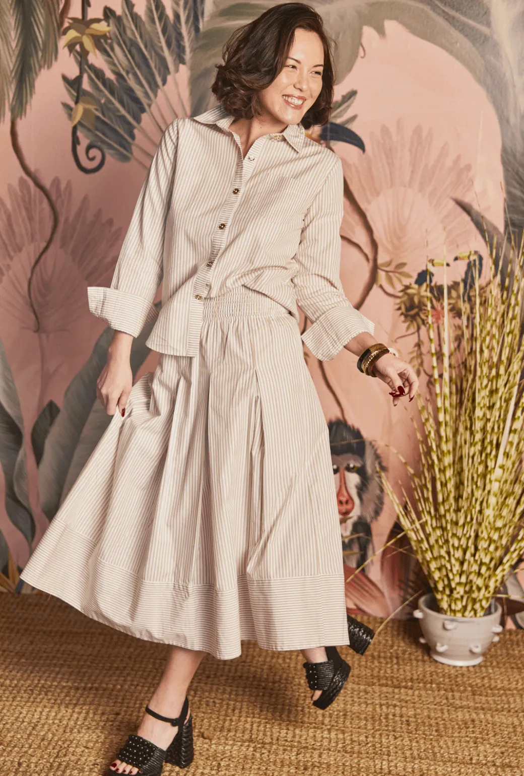 Durable Twill SAMPLE - Smocked Waist MIDI Skirt - Oatmeal Stripe