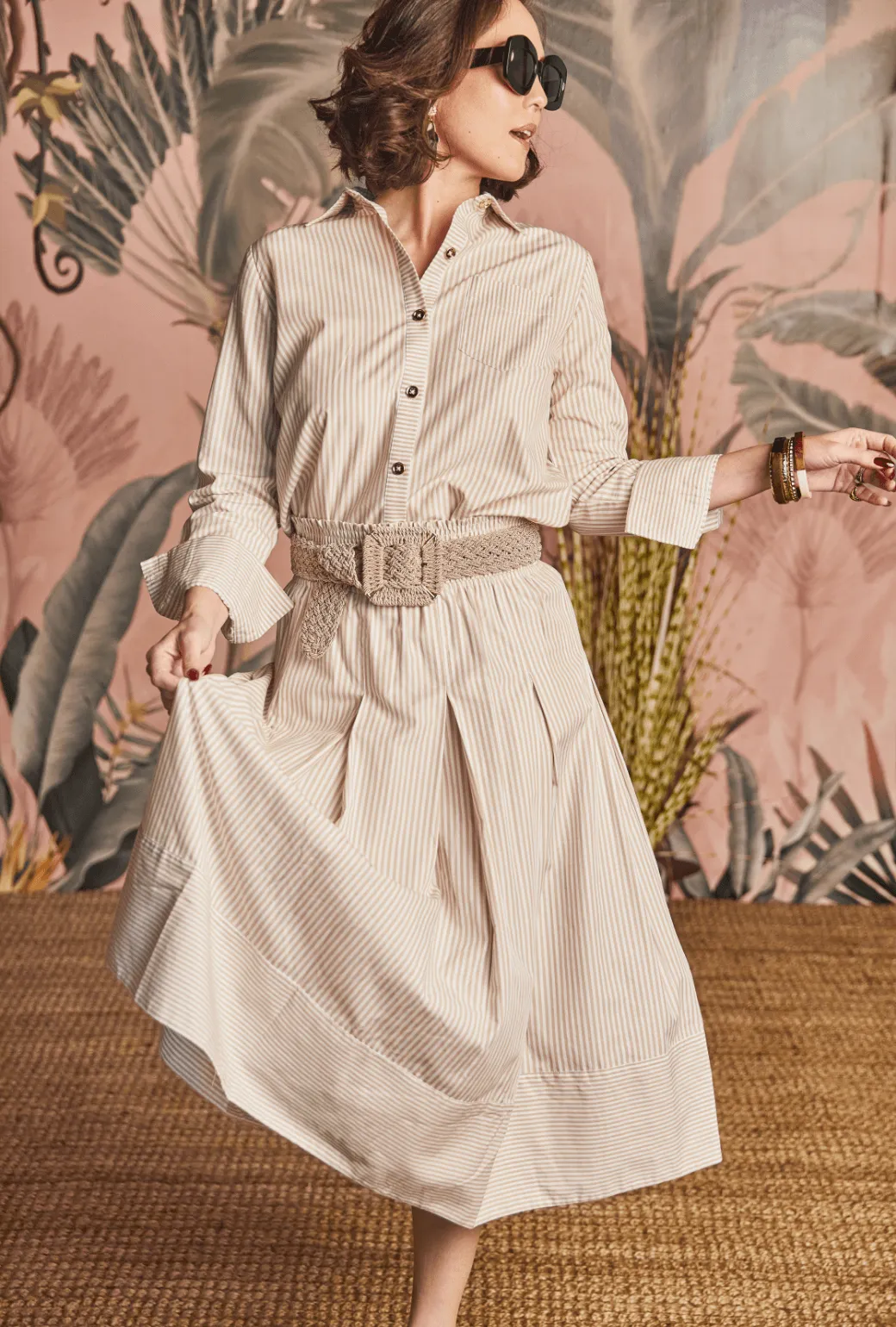 Work Ready Stylish Waistband SAMPLE - Smocked Waist MIDI Skirt - Oatmeal Stripe