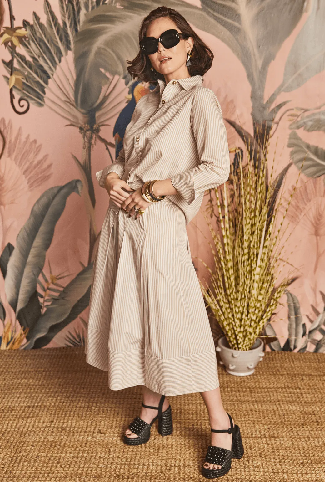 SAMPLE - Smocked Waist MIDI Skirt - Oatmeal Stripe Non Tapered Leg