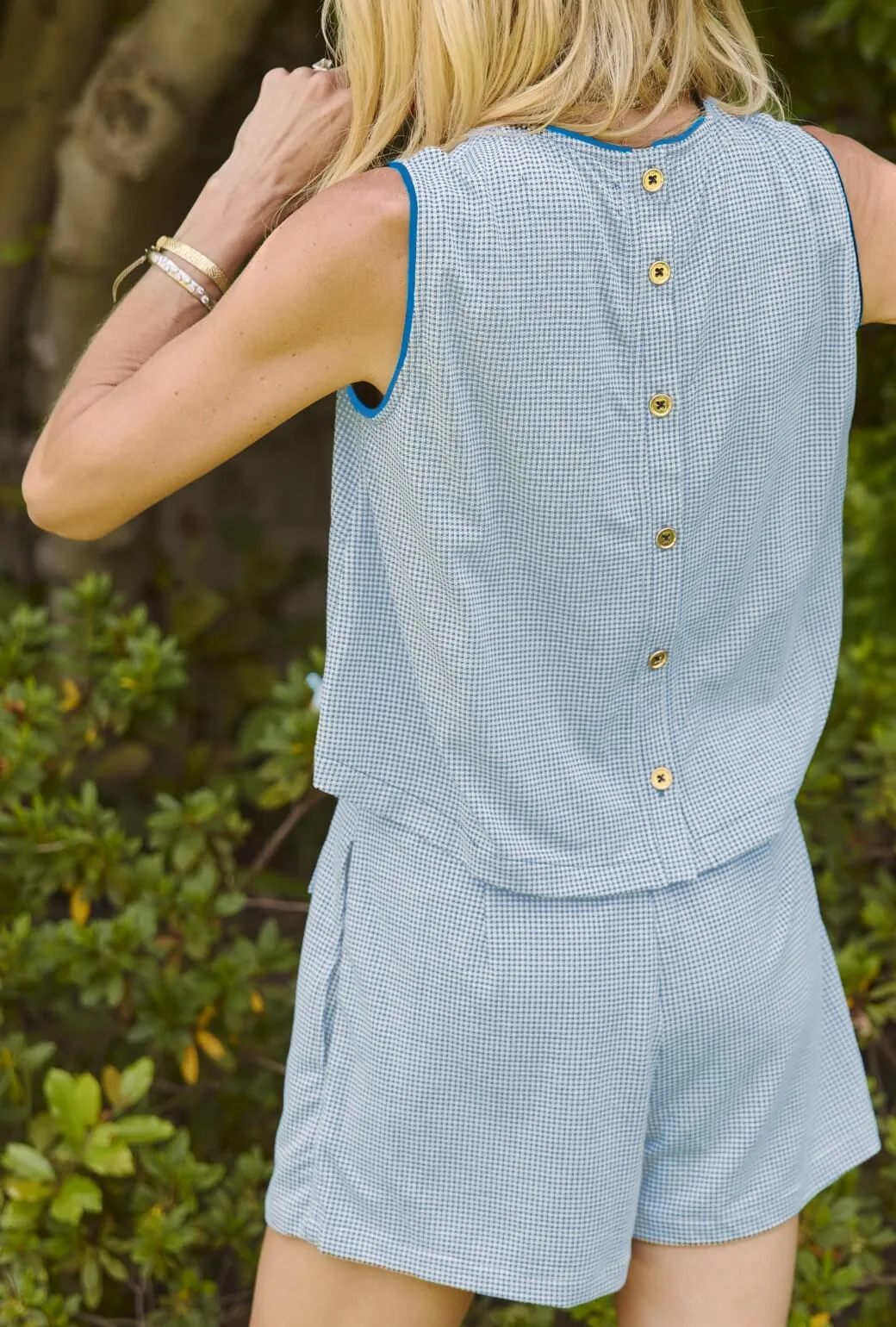 Crew Neck Blouse - Blue Gingham Knit Casual Style EasyClean