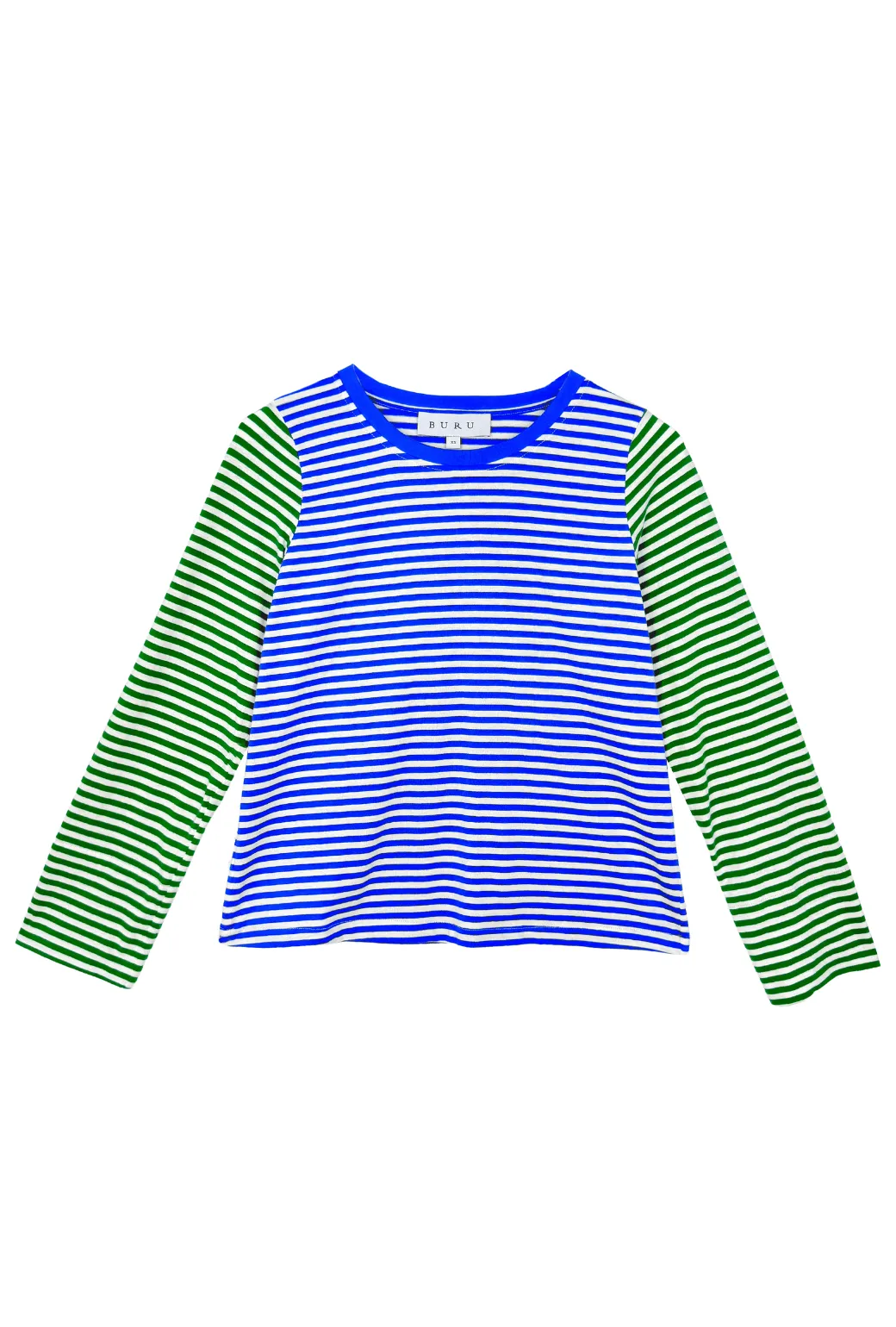 Crew Neck Contrast Tee - Green and Blue Stripe Sustainable Production Certified Self Fabric Tie Closure