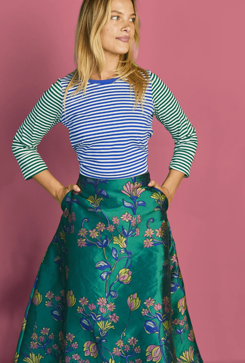 Crew Neck Contrast Tee - Green and Blue Stripe Softened Edges Flexible Knit Blend