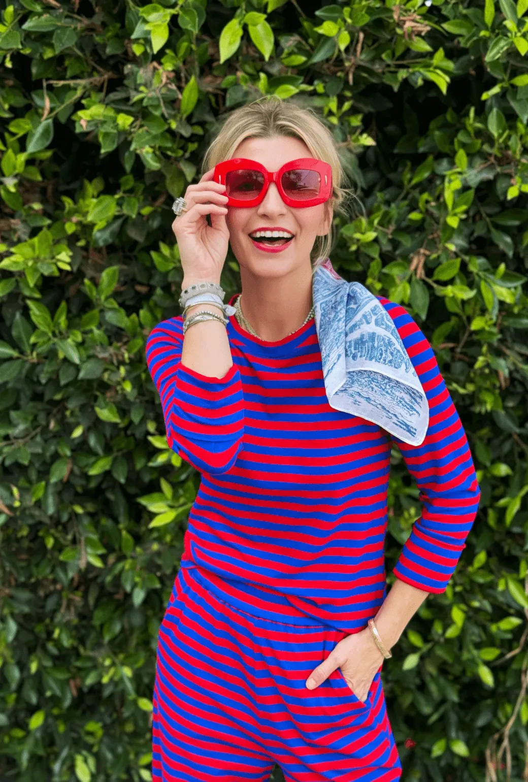 Crew Neck Tee - Red & Blue Stripe HoodedVersion Versatile Layering