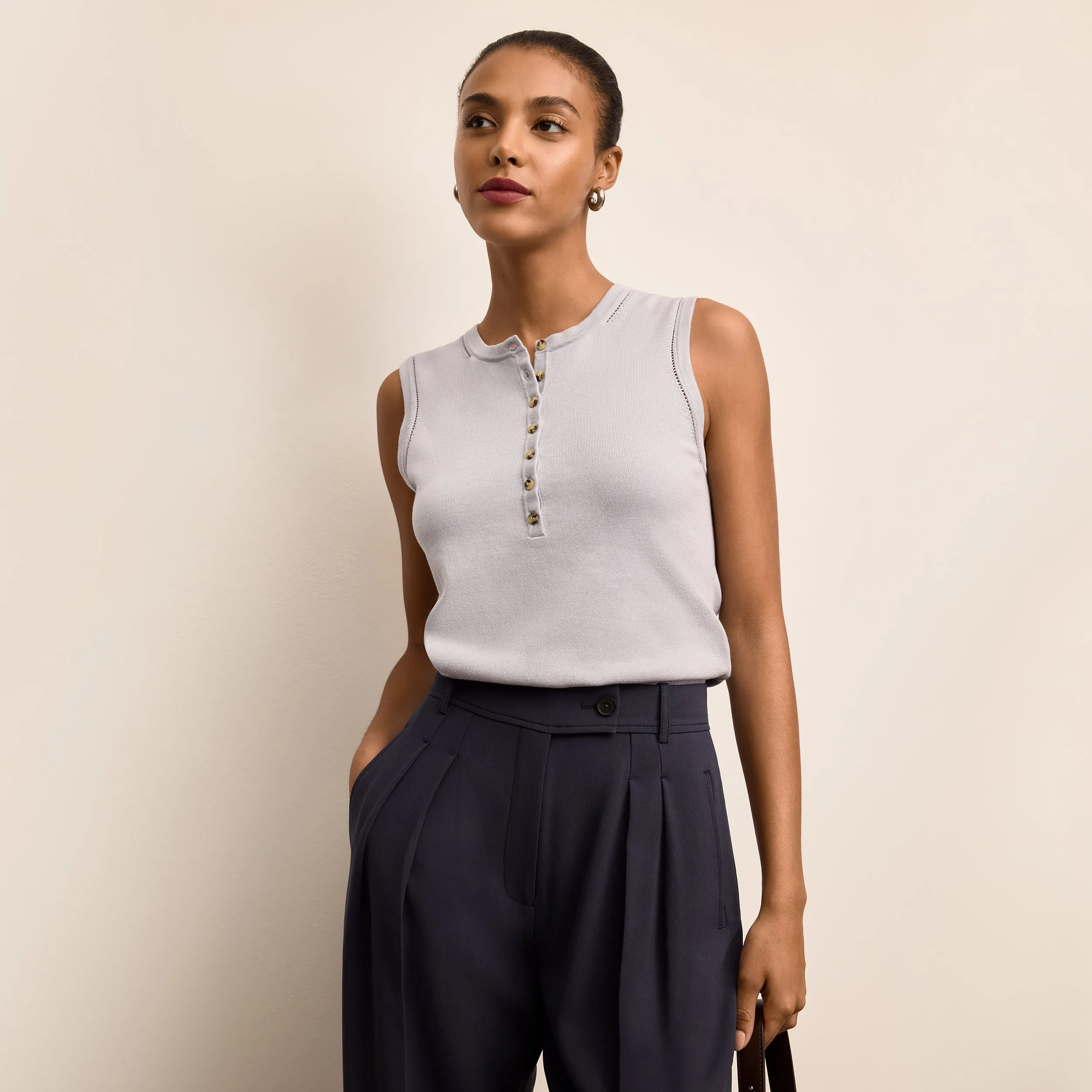 Relaxed Cut Organic Cotton Yarn Crimmins Pointelle Tank - Cotton Silk Knit :: Powder Blue