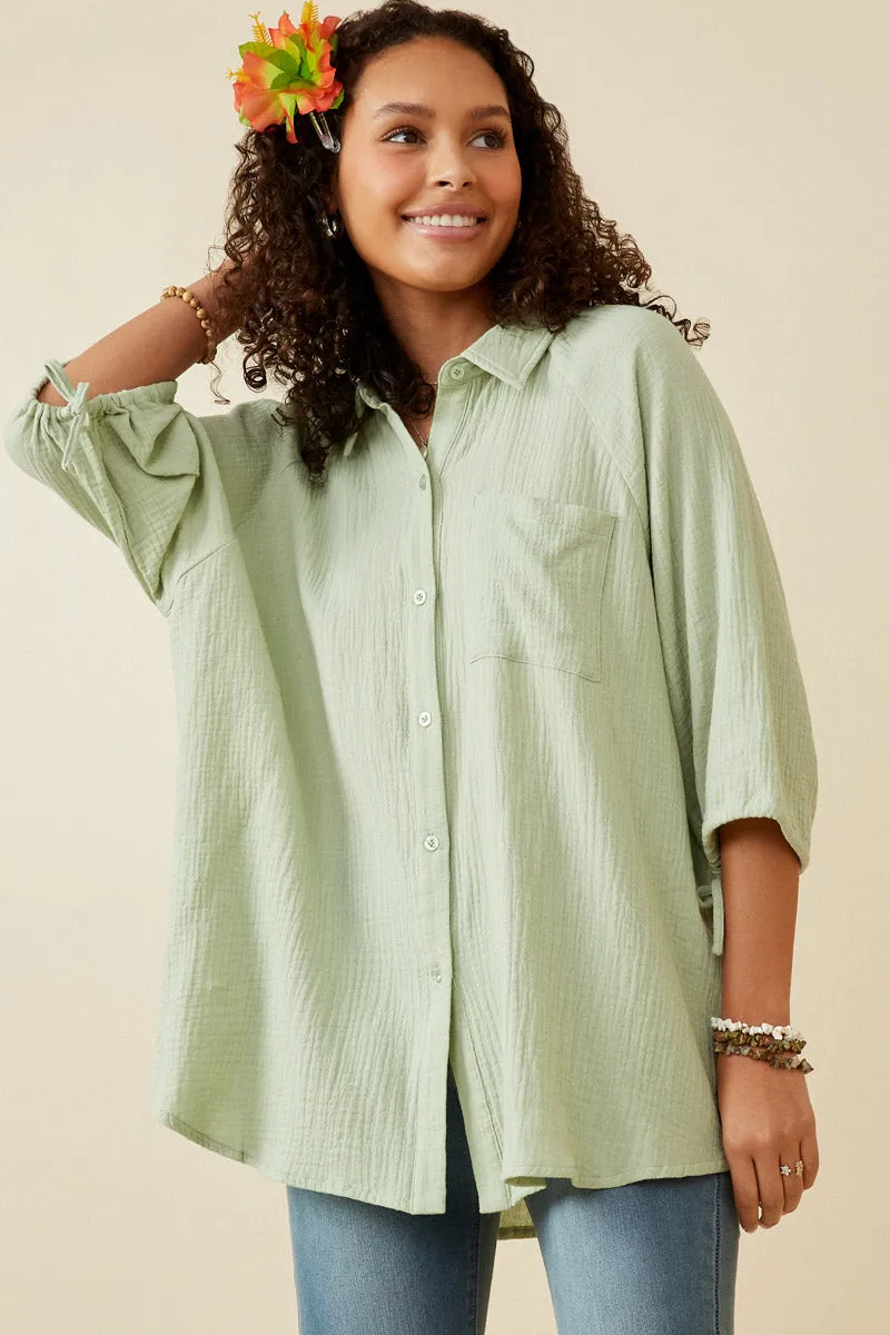 Office Look Crinkle Texture Tie Sleeve Button Up Shirt