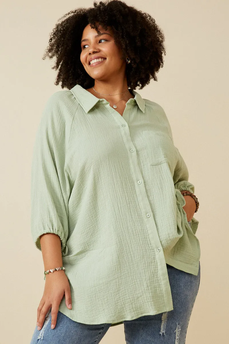 SustainableBlend Modern Design Crinkle Texture Tie Sleeve Button Up Shirt