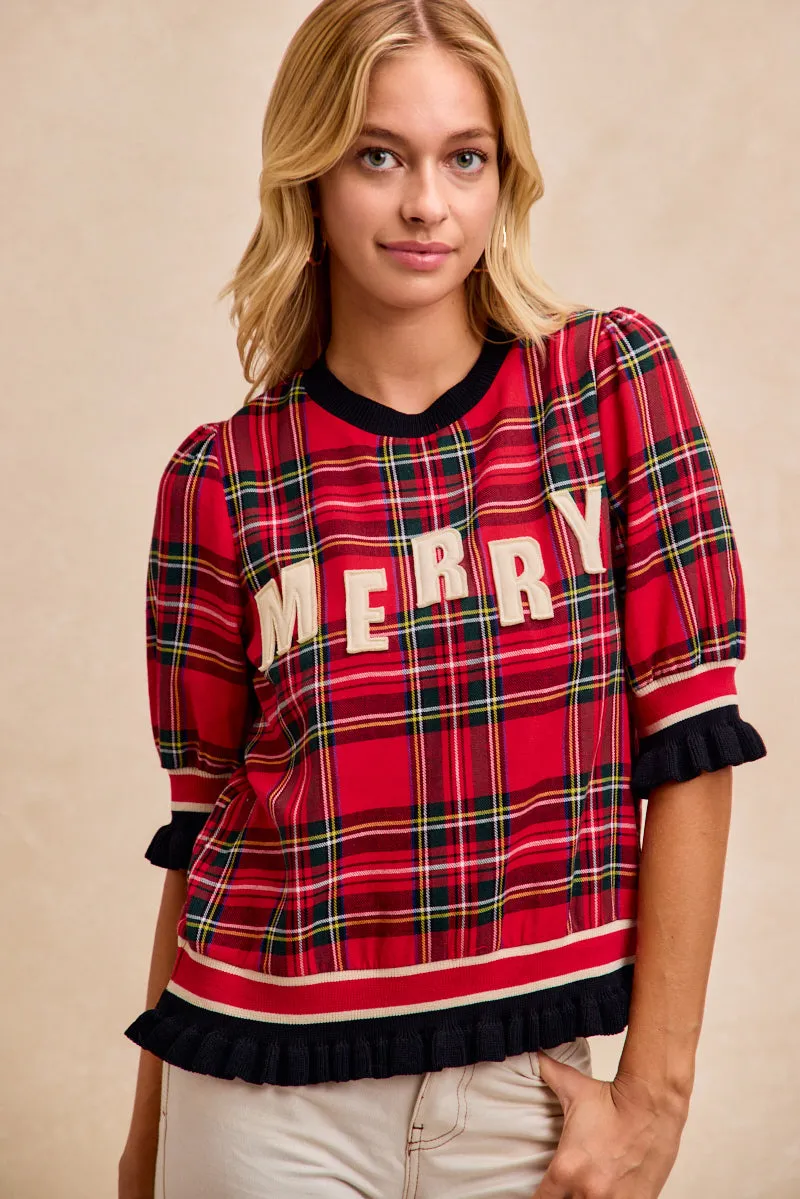 SlimSilhouette Relaxed Layers IT3352G-07 | CHRISTMAS PLAID WITH MERRY LETTER PATCHES TOP