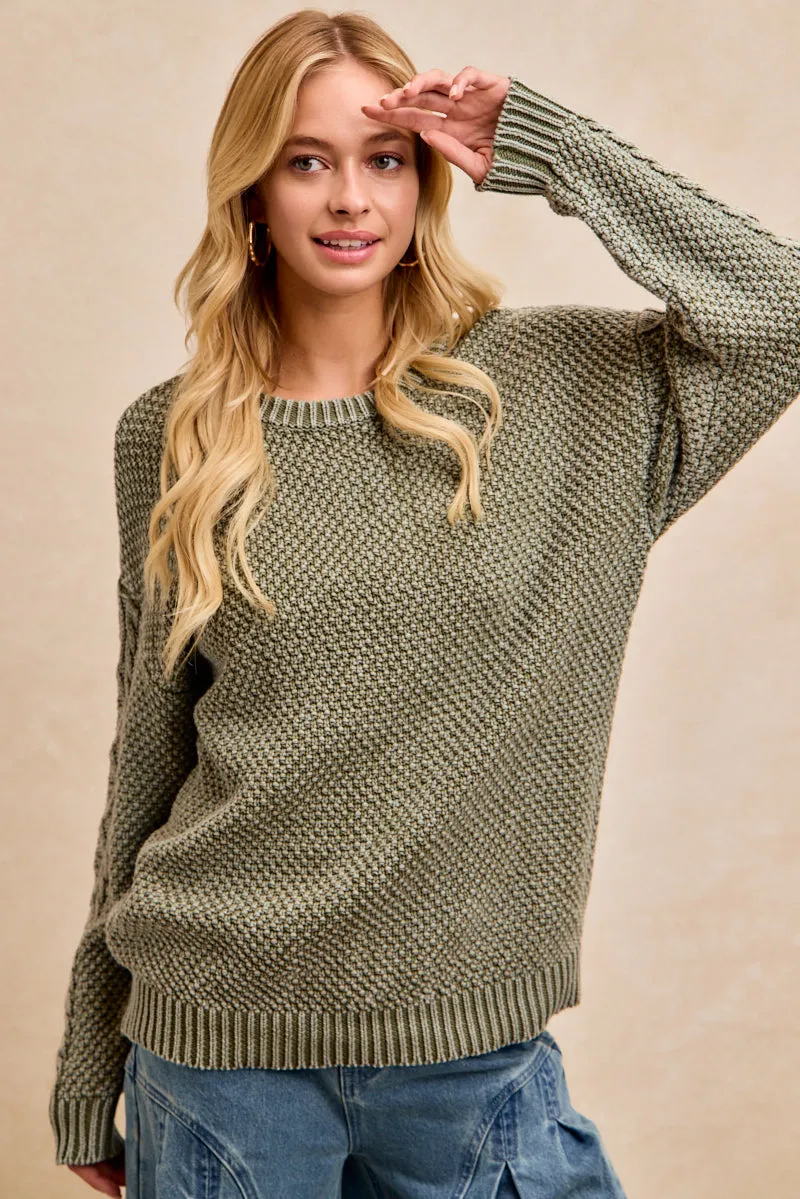 Warm Undertone All Moments IT4738G-01 | WASHED CABLE KNIT SLEEVES TEXTURED SWEATER TOP