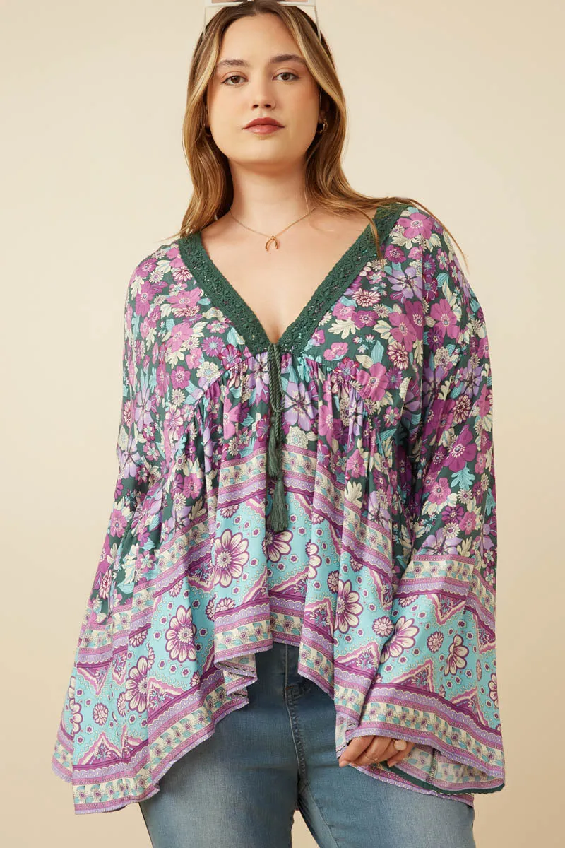 Comfortable Layer ReinforcedShoulders Crochet Detail Tasseled Border Print Top