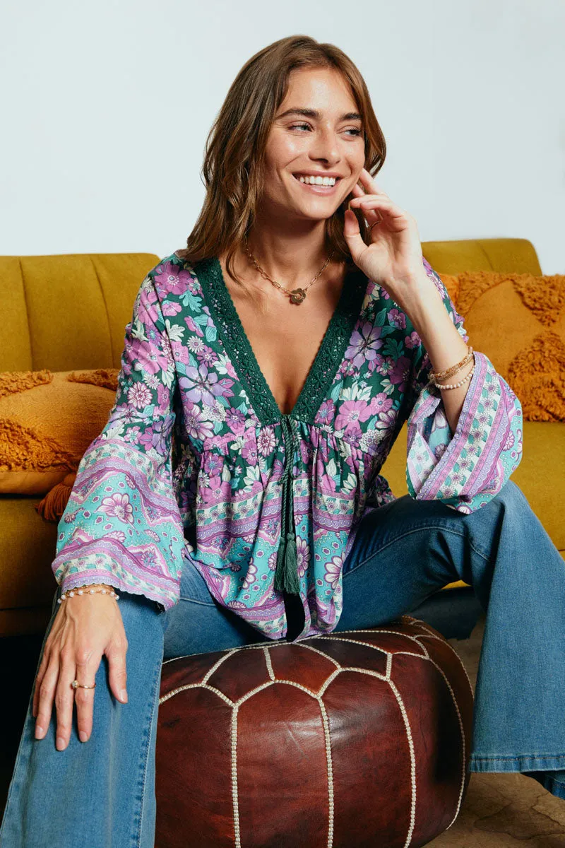 ZeroWaste Pattern Tagless Comfort Collar Crochet Detail Tasseled Border Print Top