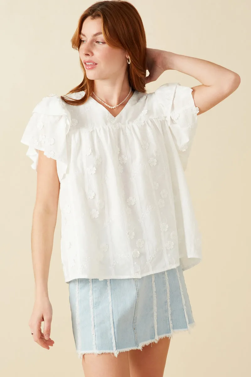AntiMicrobialLining Crochet Floral Detailed Ruffle Sleeve Top