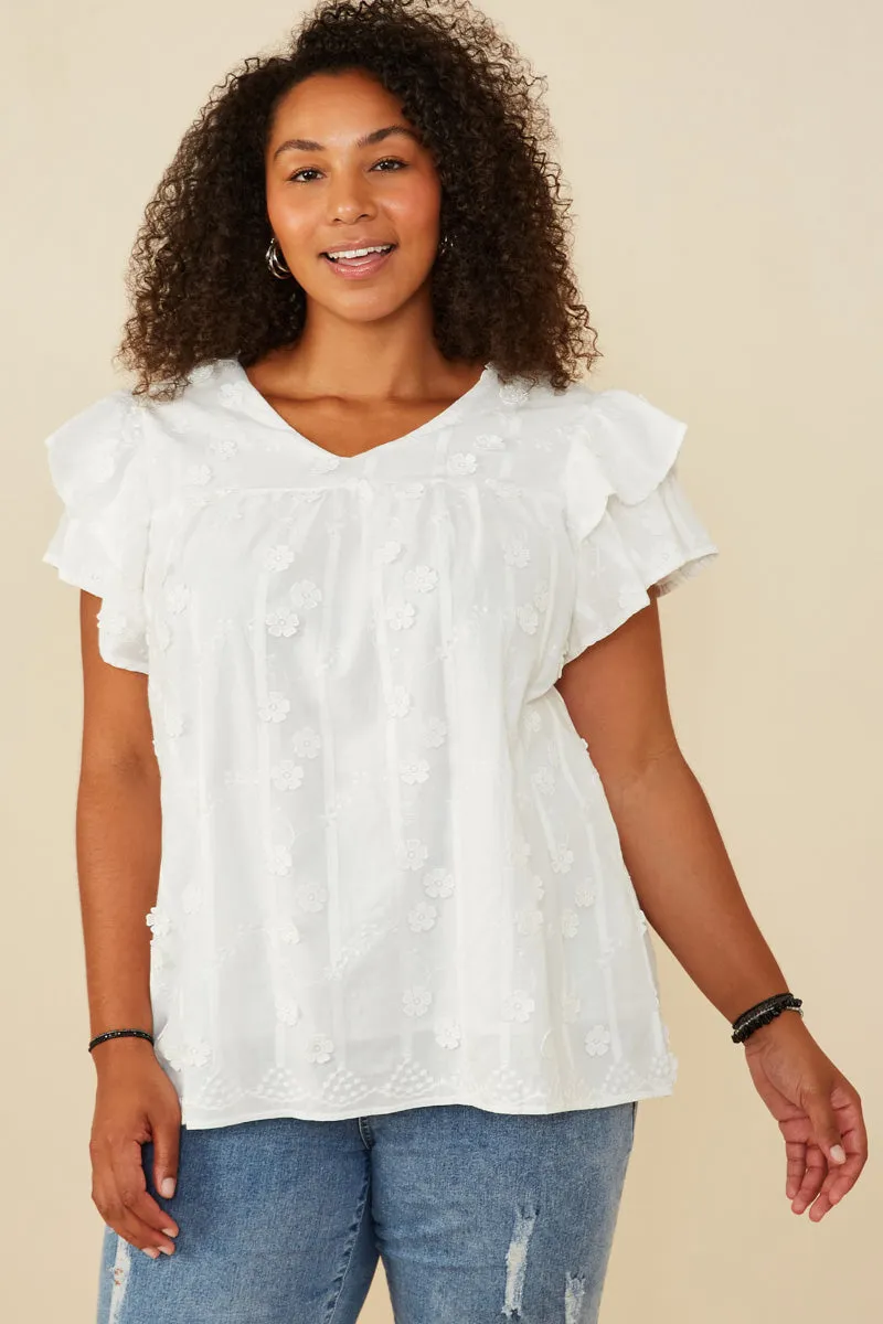 Noise Reducing Fabric Treatment Compression Fit Technology Crochet Floral Detailed Ruffle Sleeve Top