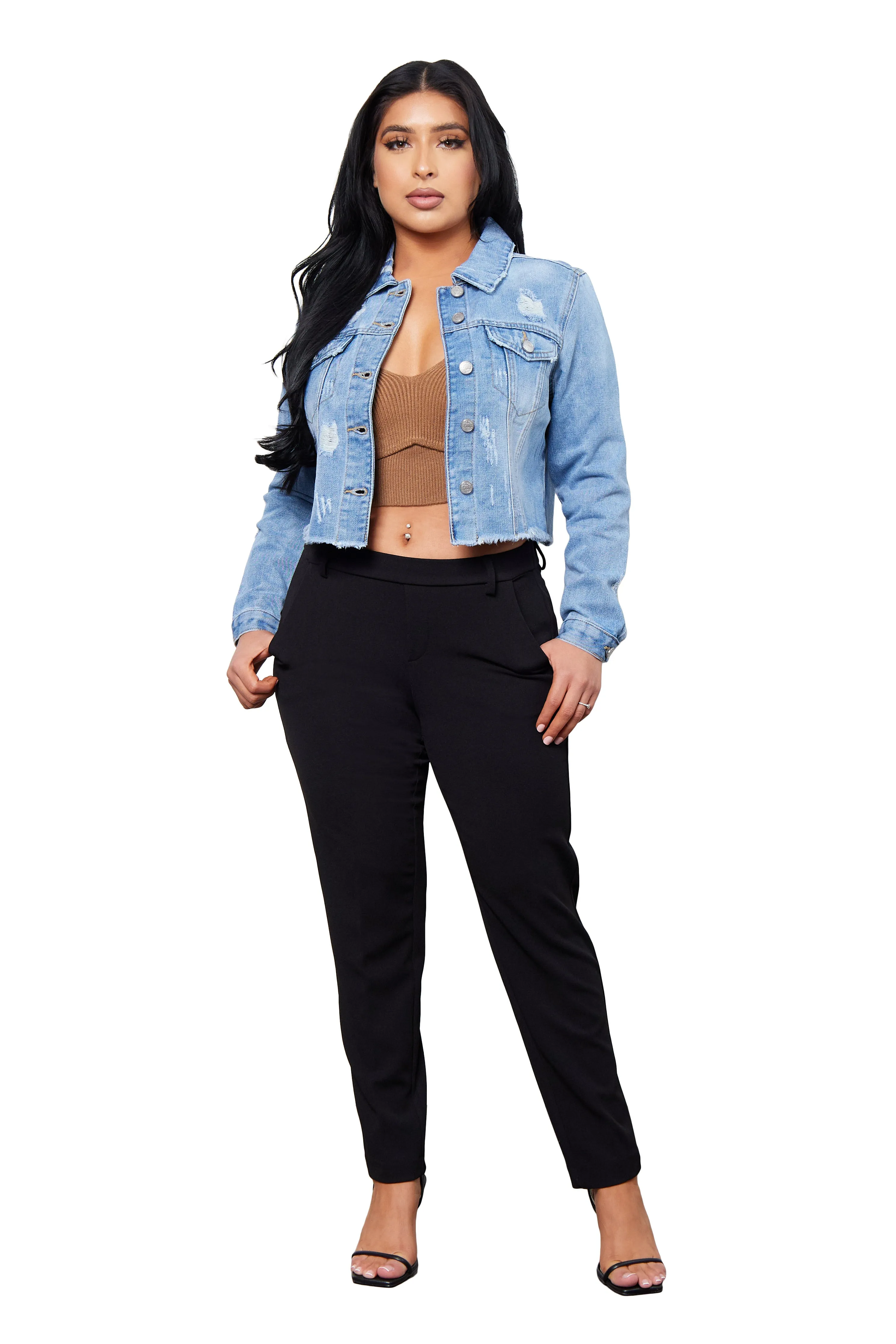 Cropped Destructed Fray Denim Jacket Modern Travel Look DetachableLining