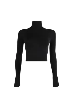 Noise Reduced Zipper Heather Effect Finish Cropped Long Sleeve Mock Turtleneck - Black