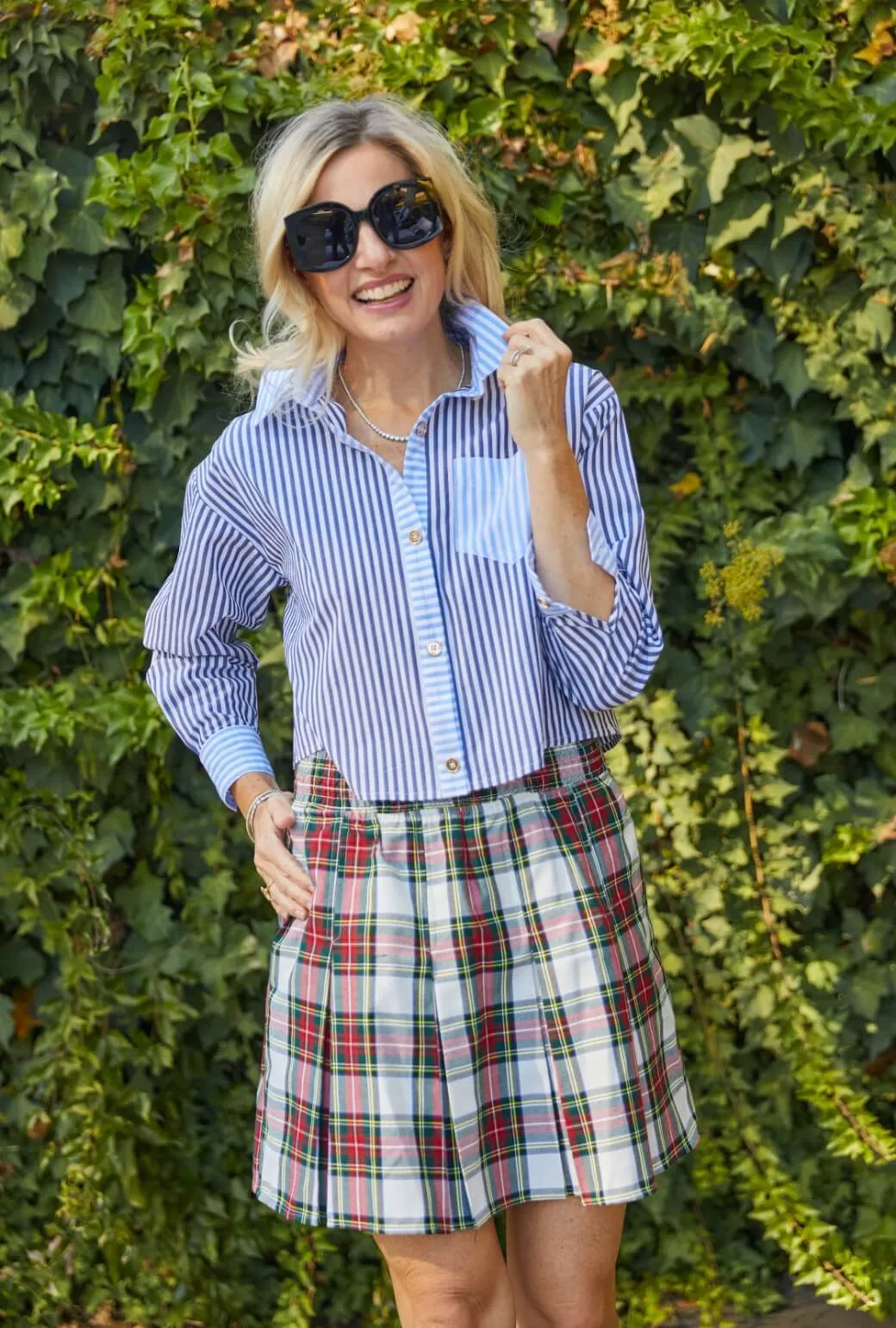 Earthy Tone Colorways Cool Fabric Cropped Mel Mixed Button Down Shirt - Blue