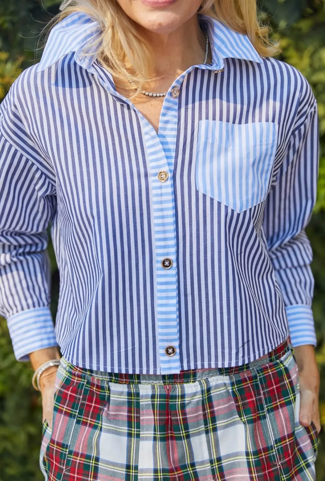 Cropped Mel Mixed Button Down Shirt - Blue ThermalRegulationLayer