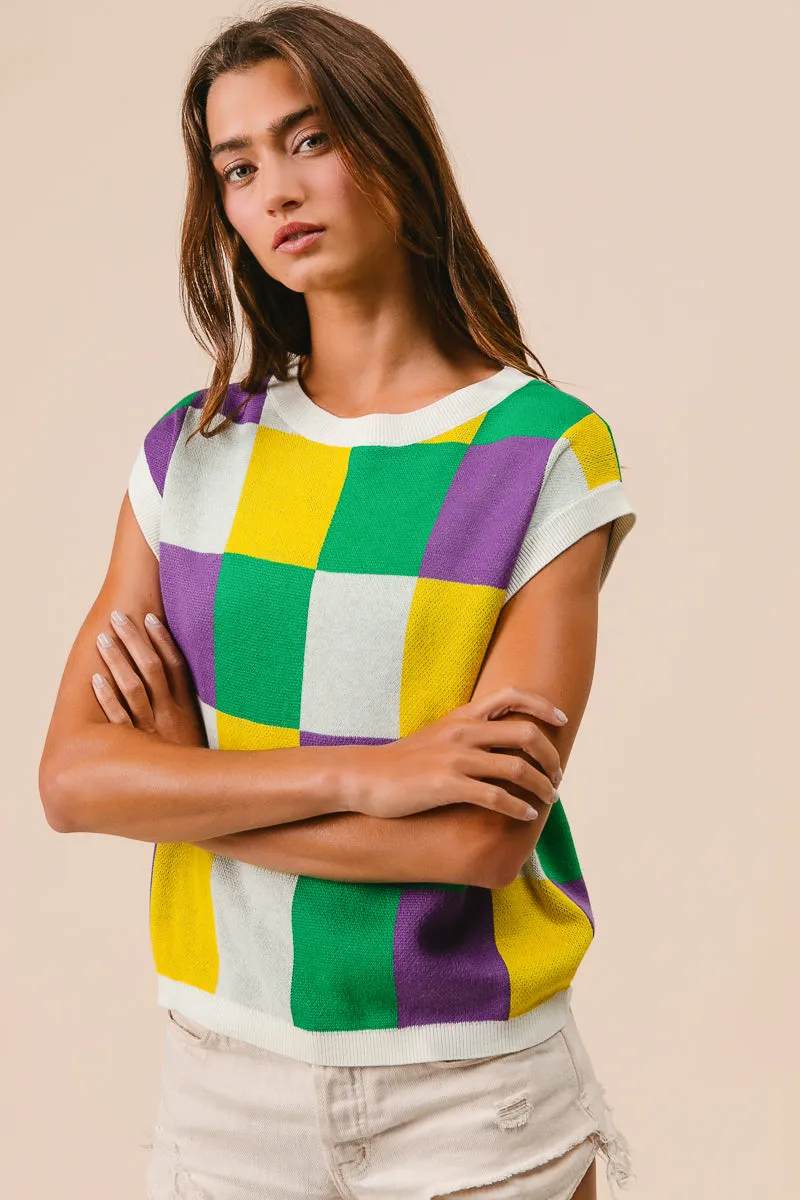 IP9541-07 | MARDI GRAS CHECKER PATTERN SLEEVELESS SWEATER TOP Trendy Look