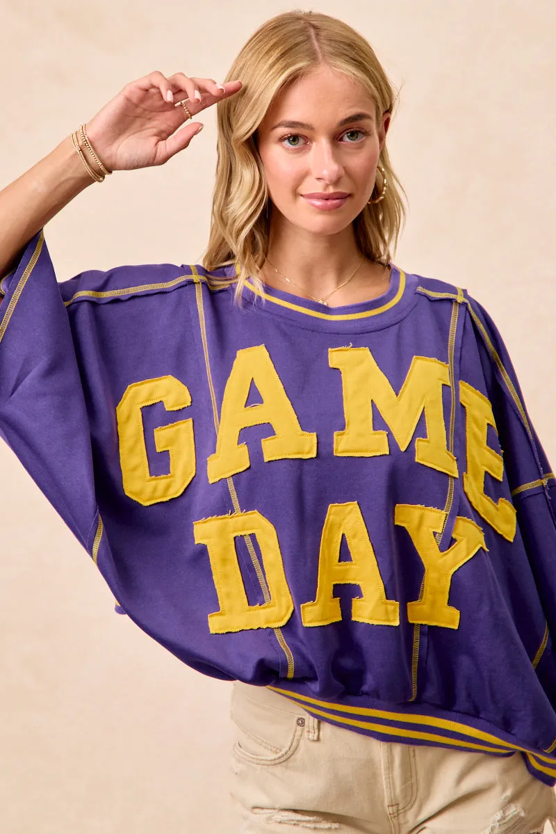Convertible Collar IT3796G-15 | GAMEDAY PATCHWORK STITCH DETAIL FRENCH TERRY TOP