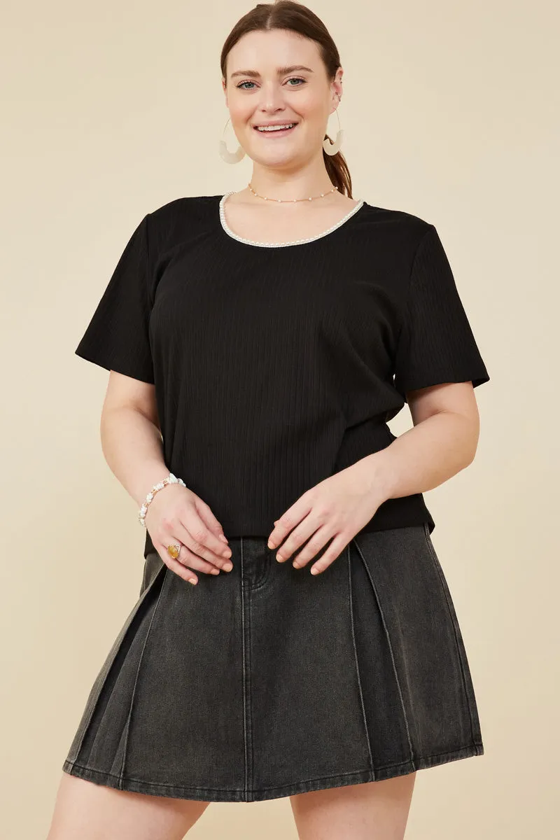 NonIrritating Pearl Trimmed Scoop Neck Textured Knit Top