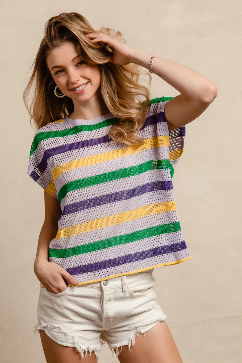 IP9236-13 | MARDI GRAS STRIPES SHORT DOLMAN SLEEVE KNIT TOP Wide Hemline Knit Warm