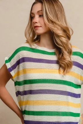 FlexibleClosure IP9236-13 | MARDI GRAS STRIPES SHORT DOLMAN SLEEVE KNIT TOP