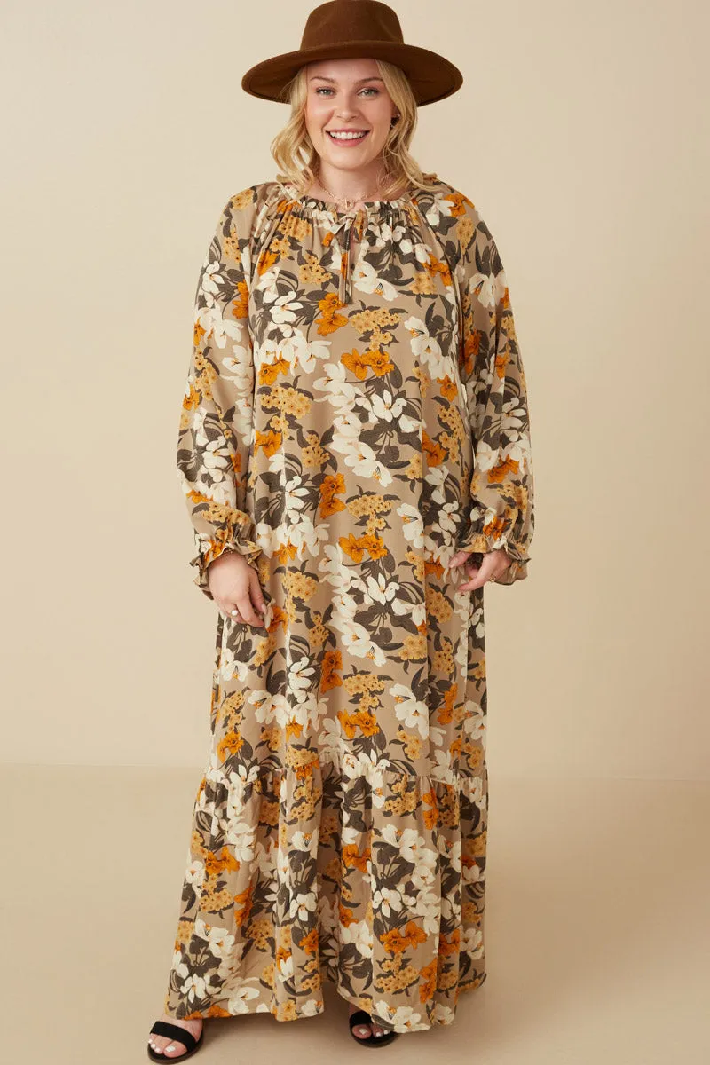 Gentle Look Bold Floral Print Long Sleeve Tie Detail Maxi Dress