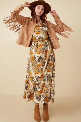 Bold Floral Print Long Sleeve Tie Detail Maxi Dress High Cut Soft touch evening dress