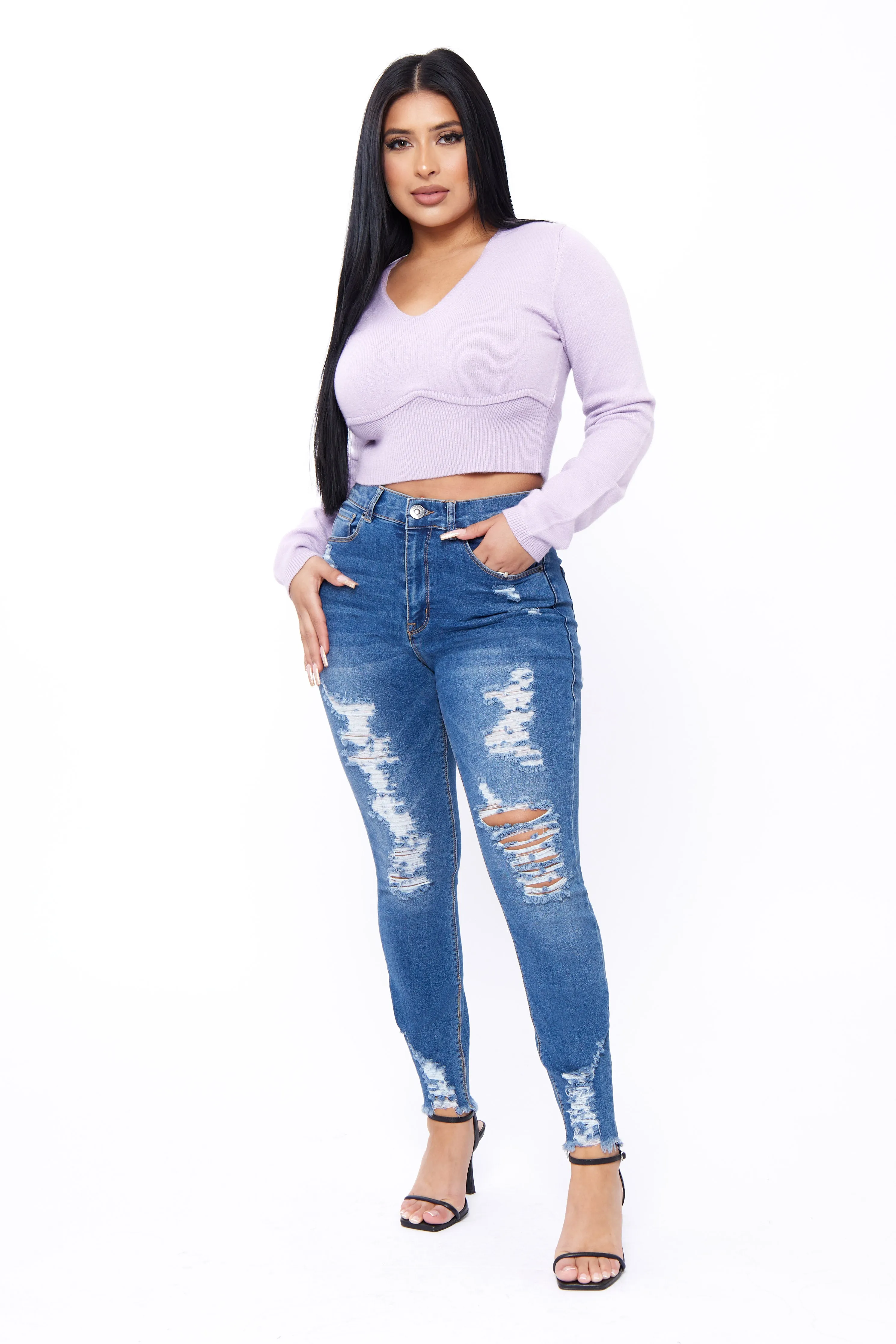 Flexible Knee Panels Curvy High Rise Skinny with Heavy Destruction