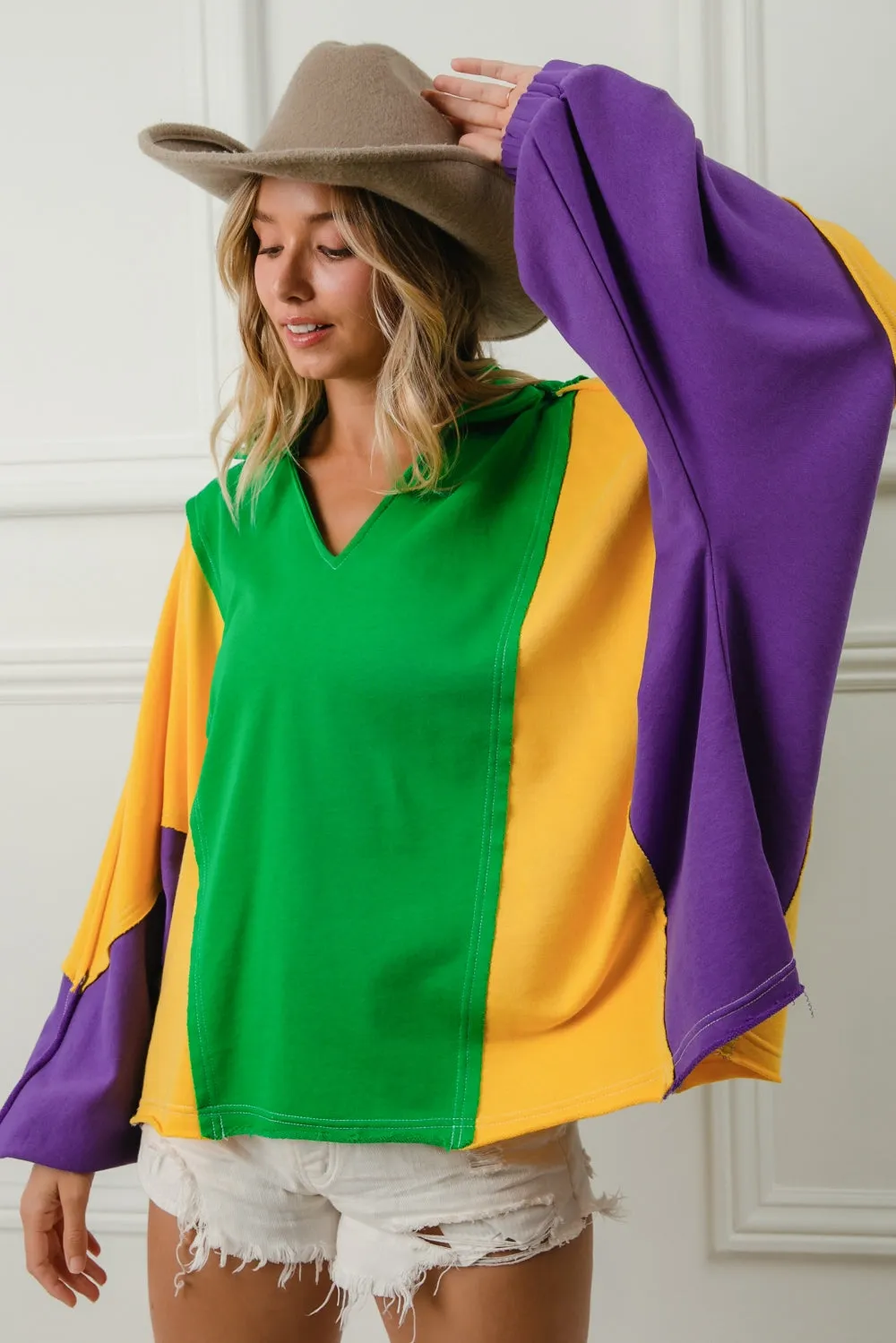 Grace Soft IT3301-01 | MARDI GRAS THEME RAW EDGE V NECK COLLARED TOP