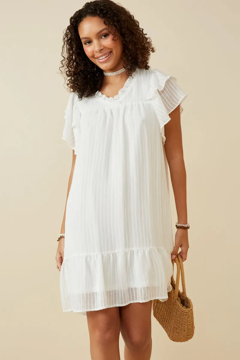 Texture Striped Ruffle Sleeve V Neck Dress Insulating-Lining Shared Moment