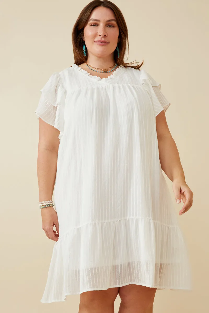 High-Neck HypoallergenicFiber Texture Striped Ruffle Sleeve V Neck Dress