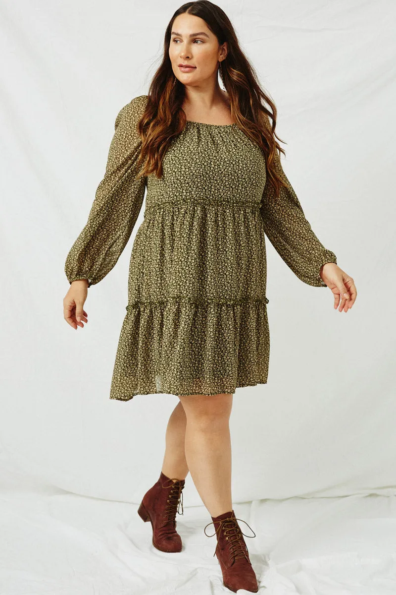 Tiered Ditsy Print Long Sleeve Dress Removable-Straps Neutral Finish