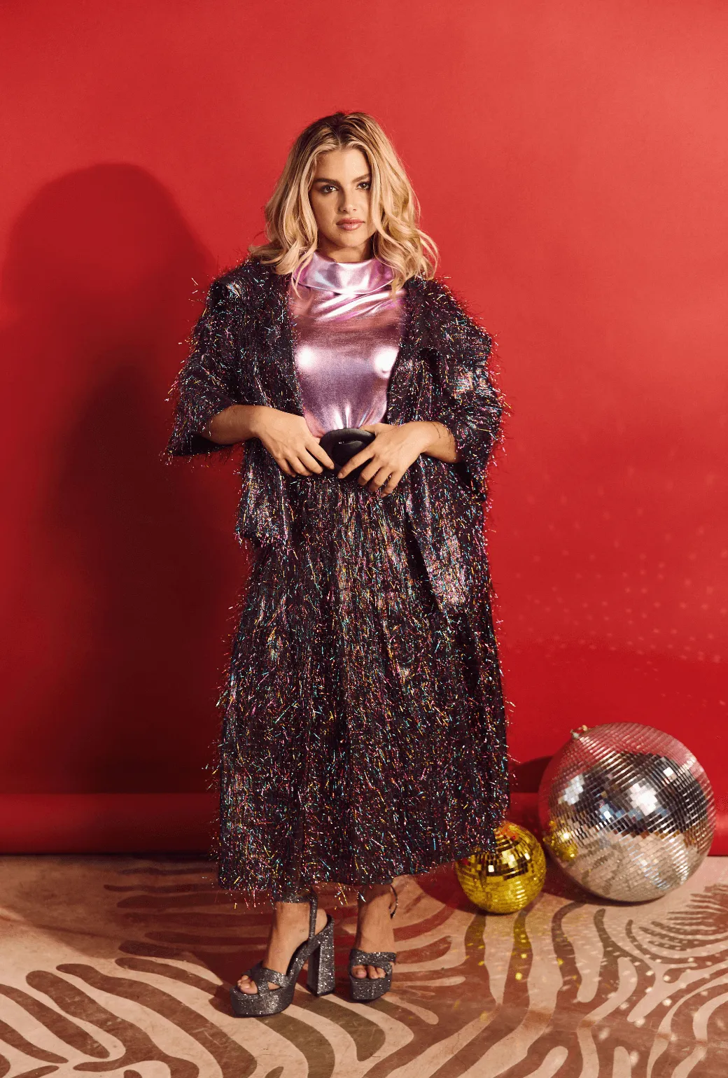 Cropped Car Coat - Rainbow Tinsel Checkered Style Water resistant coating