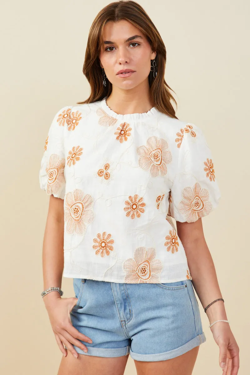 LowImpact Dye Process Rolled Hem Finish Daisy Embroidered Puff Sleeve Top