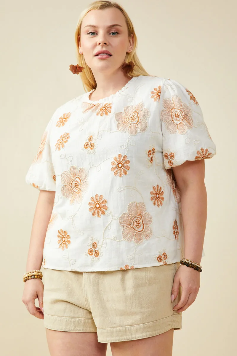 Daisy Embroidered Puff Sleeve Top Reinforced Shoulder