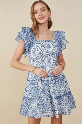 Front-Zip Eyelet Embroidered Scalloped Ruffle Dress