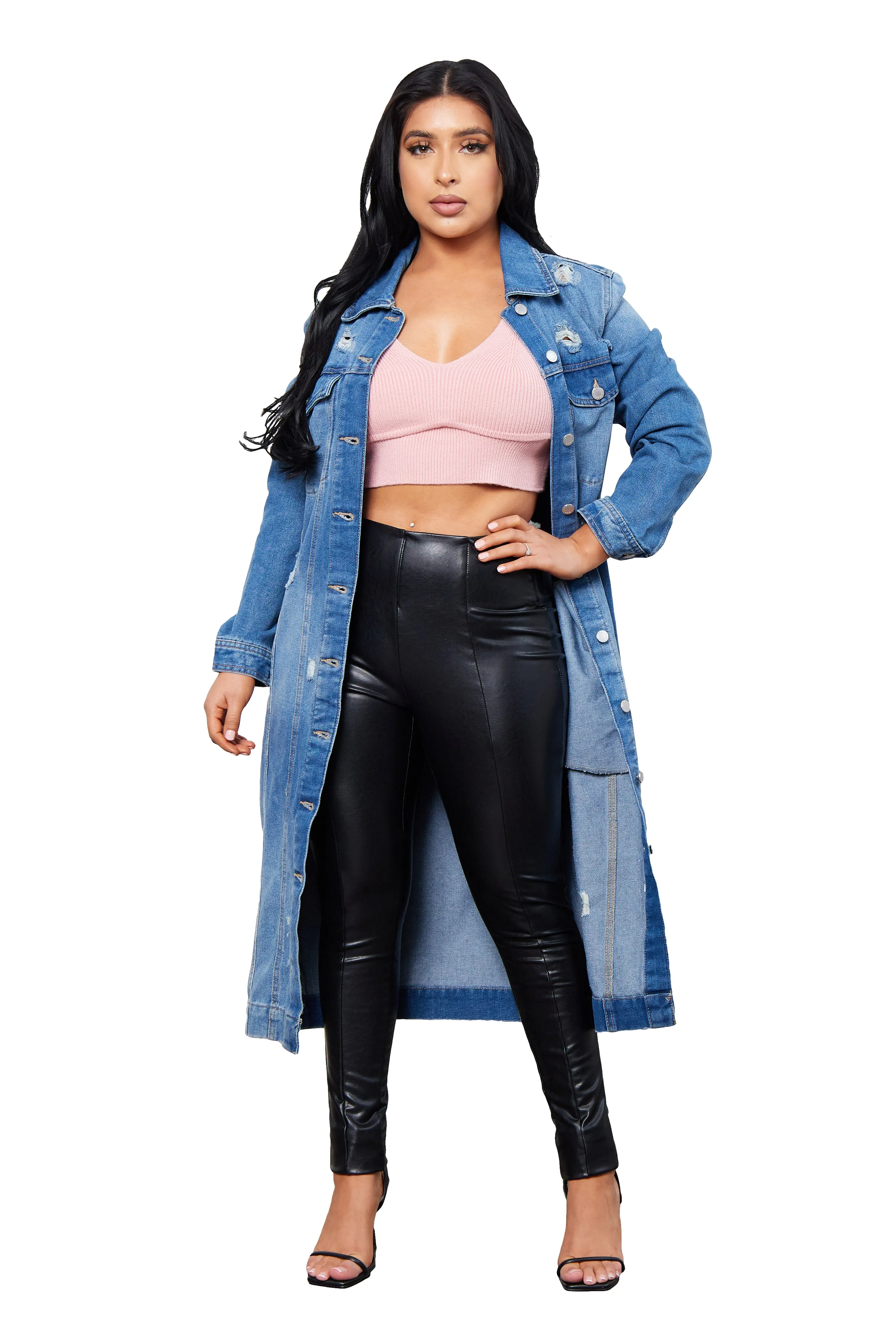 Vegan Leather Accents Denim Destructed Duster
