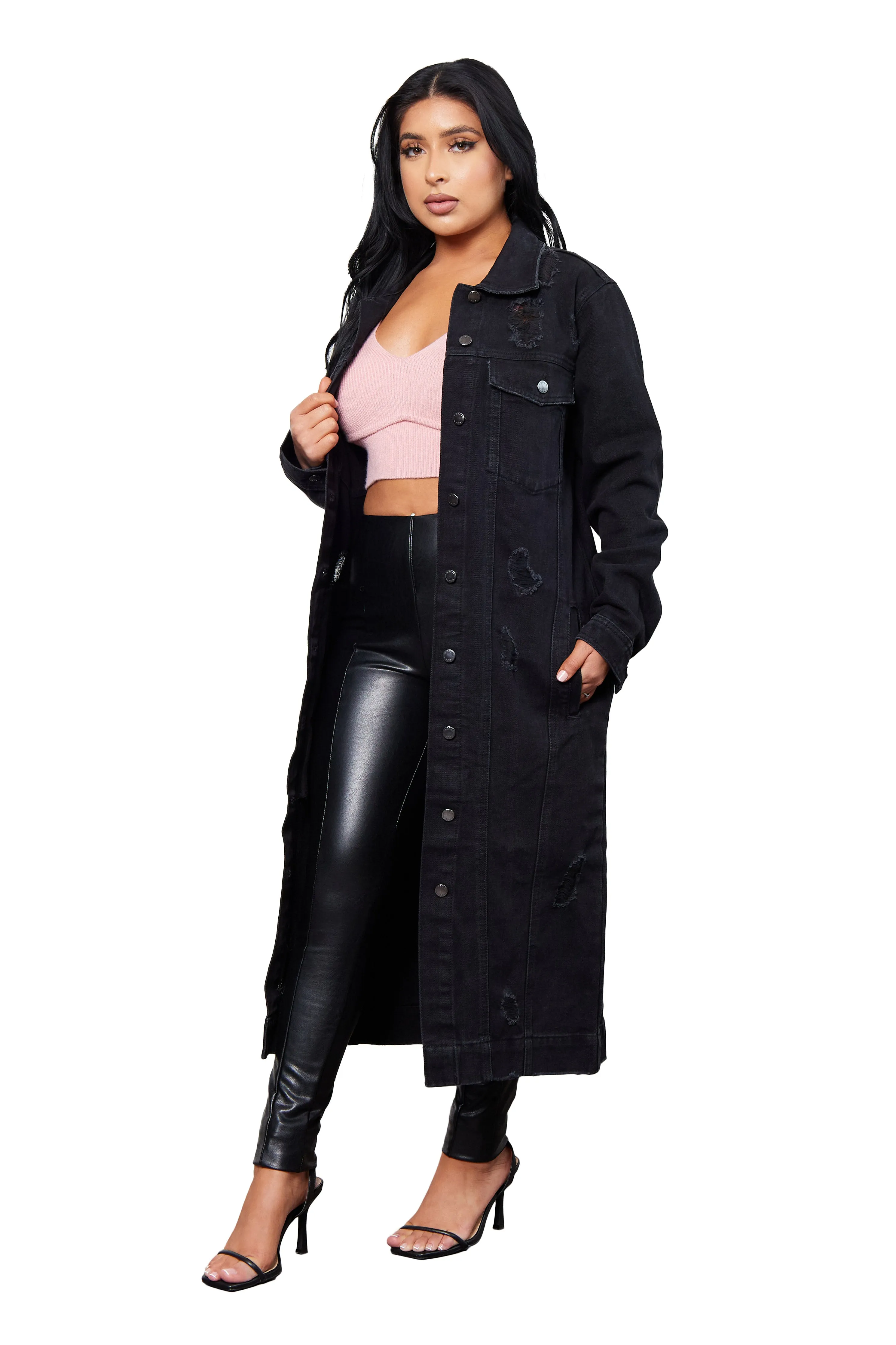 Fall Outfit snag resistant Denim Destructed Duster