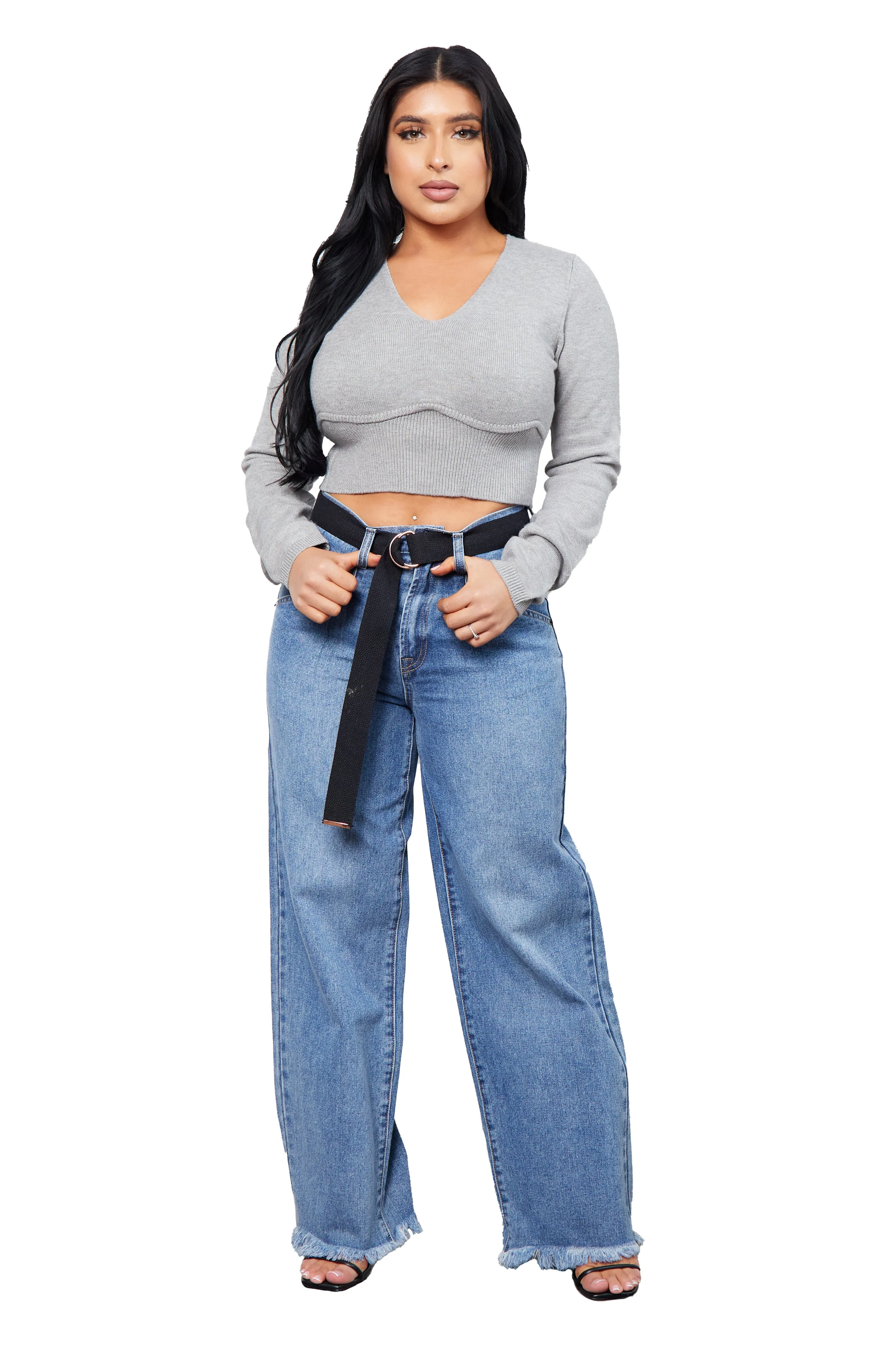 Universal Fit System Wide Leg Denim Skater Jeans with Pleats, Raw Hem and Skater Belt
