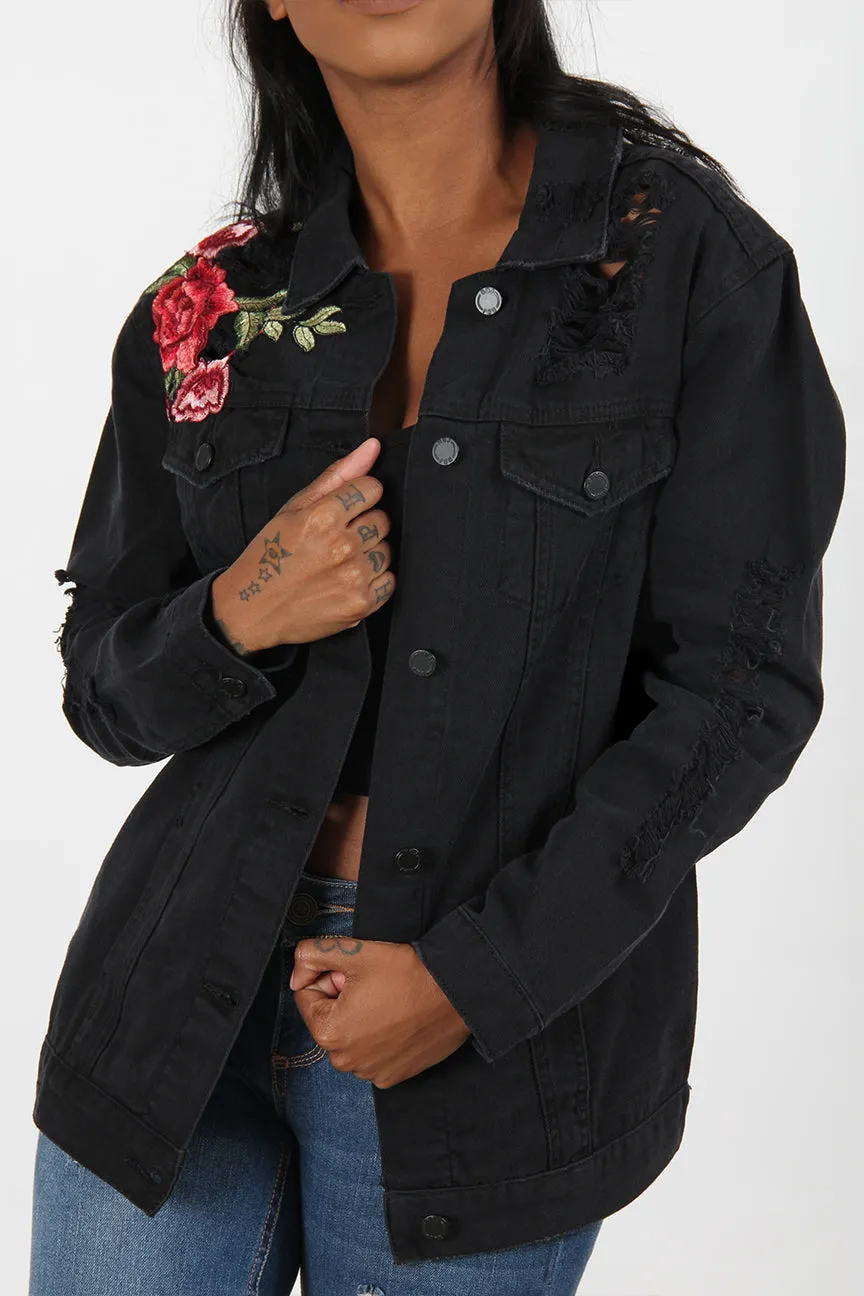 Everyday Urban Style Active Wear Destructed Rose Patch Denim Jacket