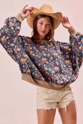 IT1842R-18 | WASHED FLORAL DENIM FRAYED ROUND NECK TOP WITH RIB BAND Strong Zip