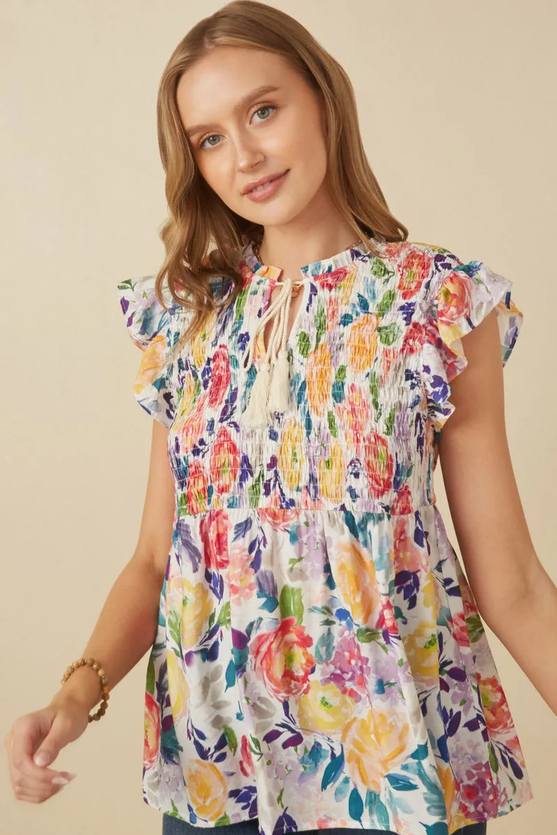 Romantic Floral Smocked Tassel Top ContrastPlacket PunctureResistantReinforcement