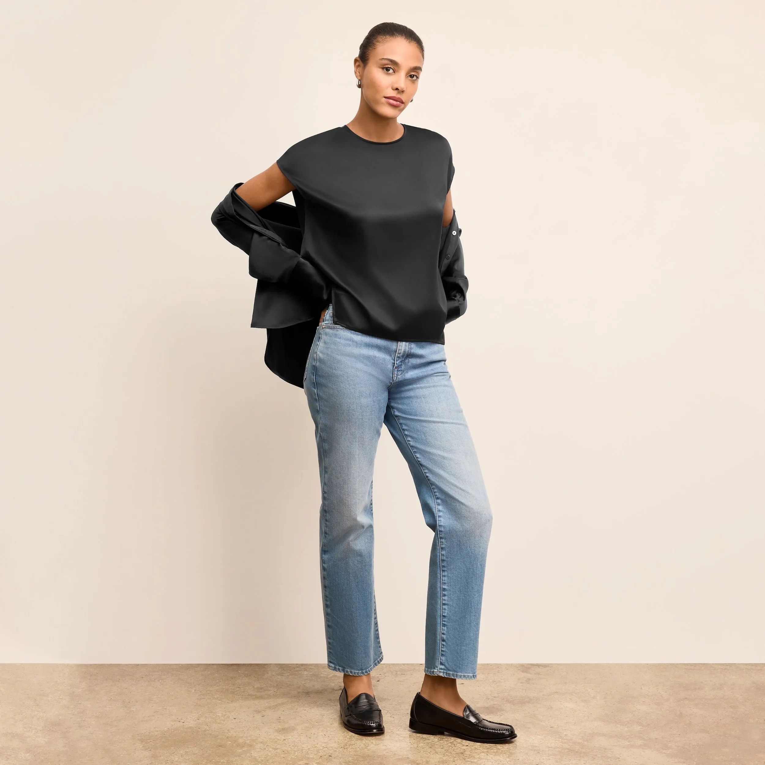 Ribbed Hem Finish Didion Drape Top - Washable Silk Charmeuse :: Black