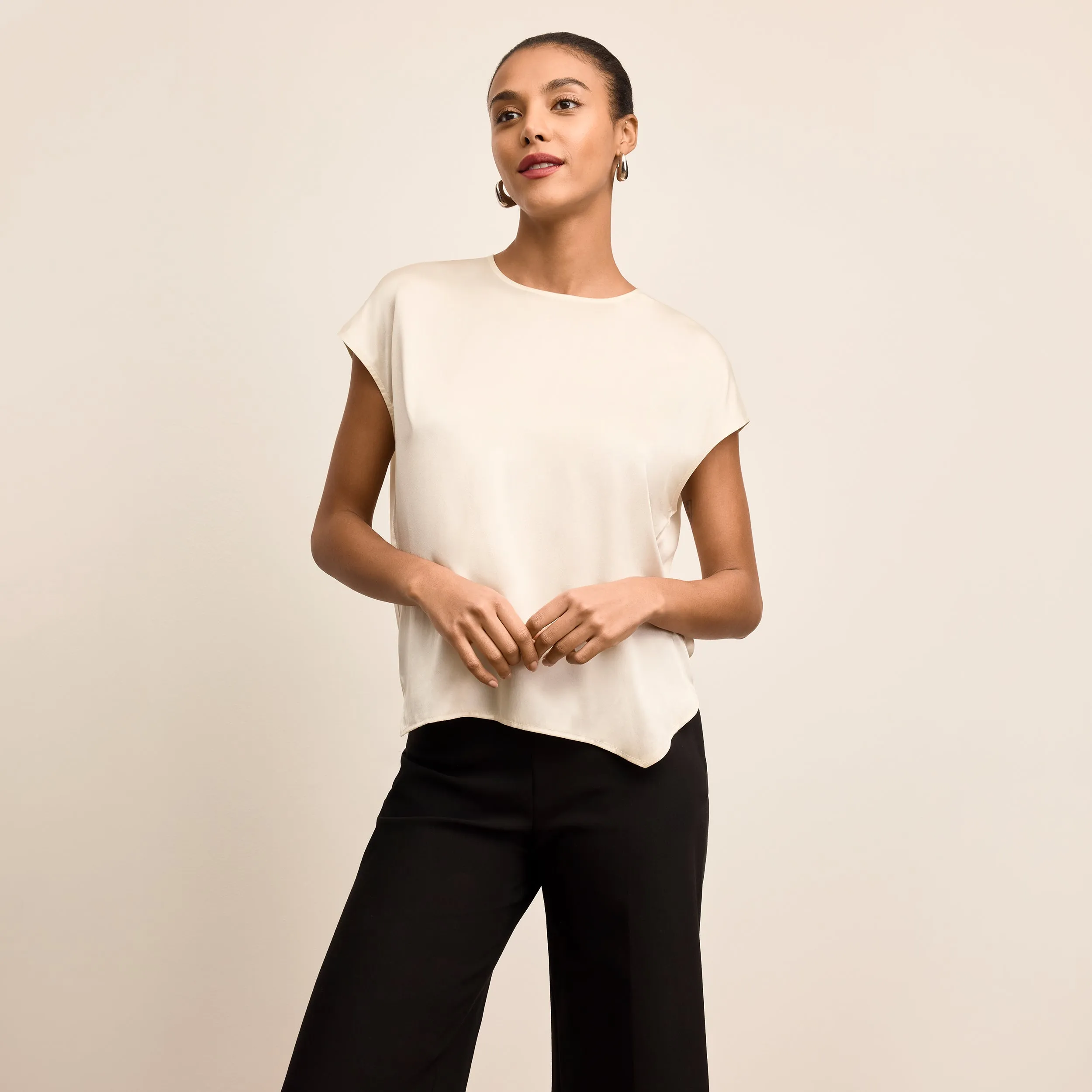 Didion Drape Top - Washable Silk Charmeuse :: Ivory LowProfileZipperSystem Non Chafing Side Seams