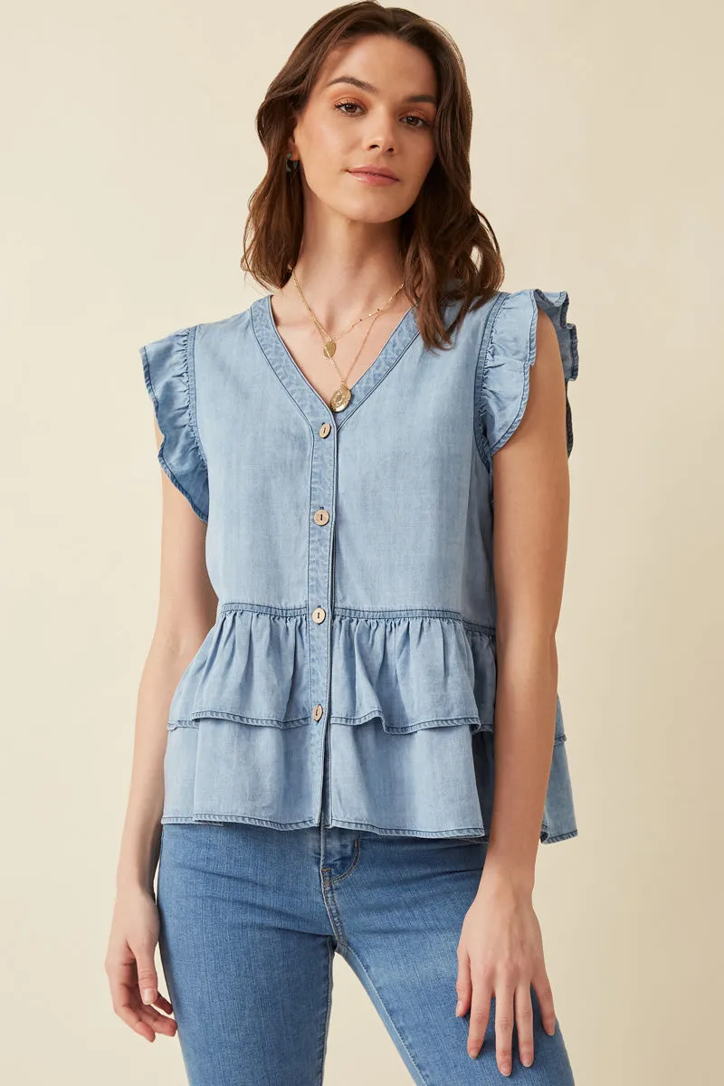 Interlock Stitch Detail DoubleStitched Hemming Button Detail Ruffled Denim Top