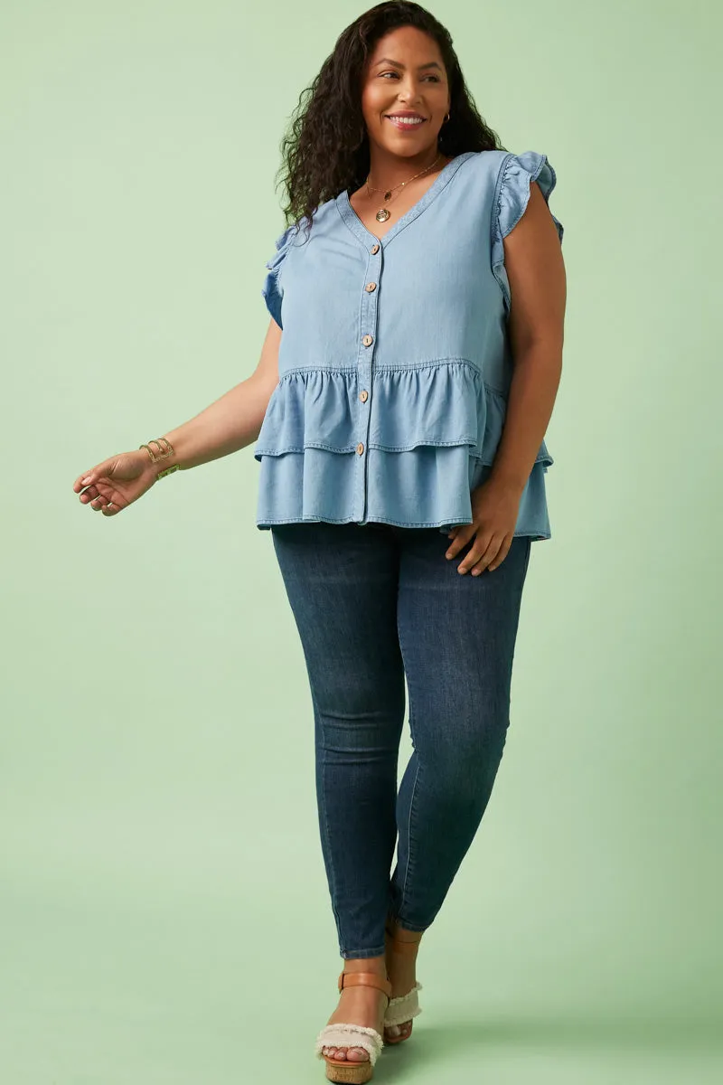 Sun Protective Fabric Button Detail Ruffled Denim Top