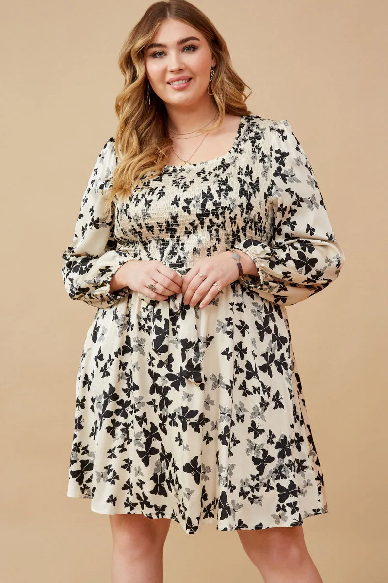 understated look Gentle Flow Butterfly Print Smocked Satin Dress With Belt